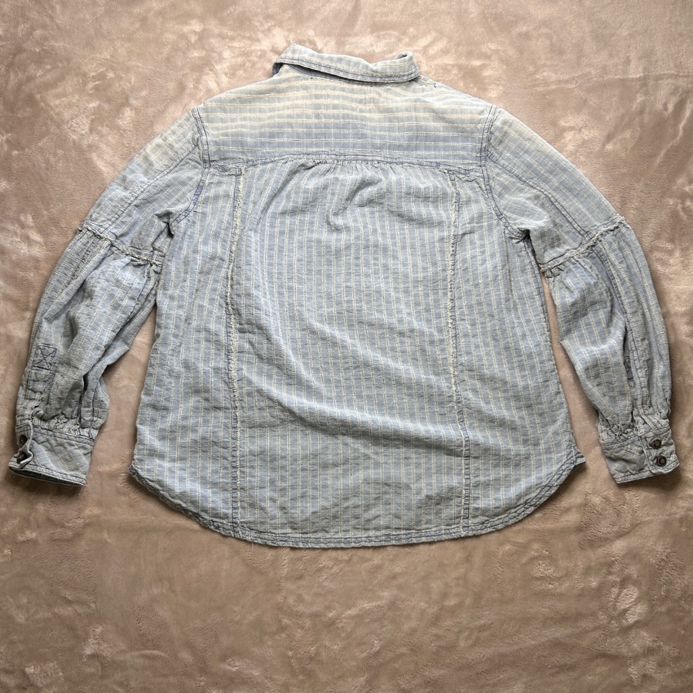 Free People Glacier Bay Printed Checked Distressed Blue Denim Tunic‎ Small Boho - Picture 6 of 11